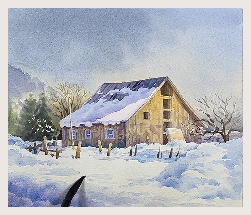 How to Paint Old Barn in Snow with Watercolor